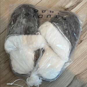 Studio Plush Gray and White Slippers